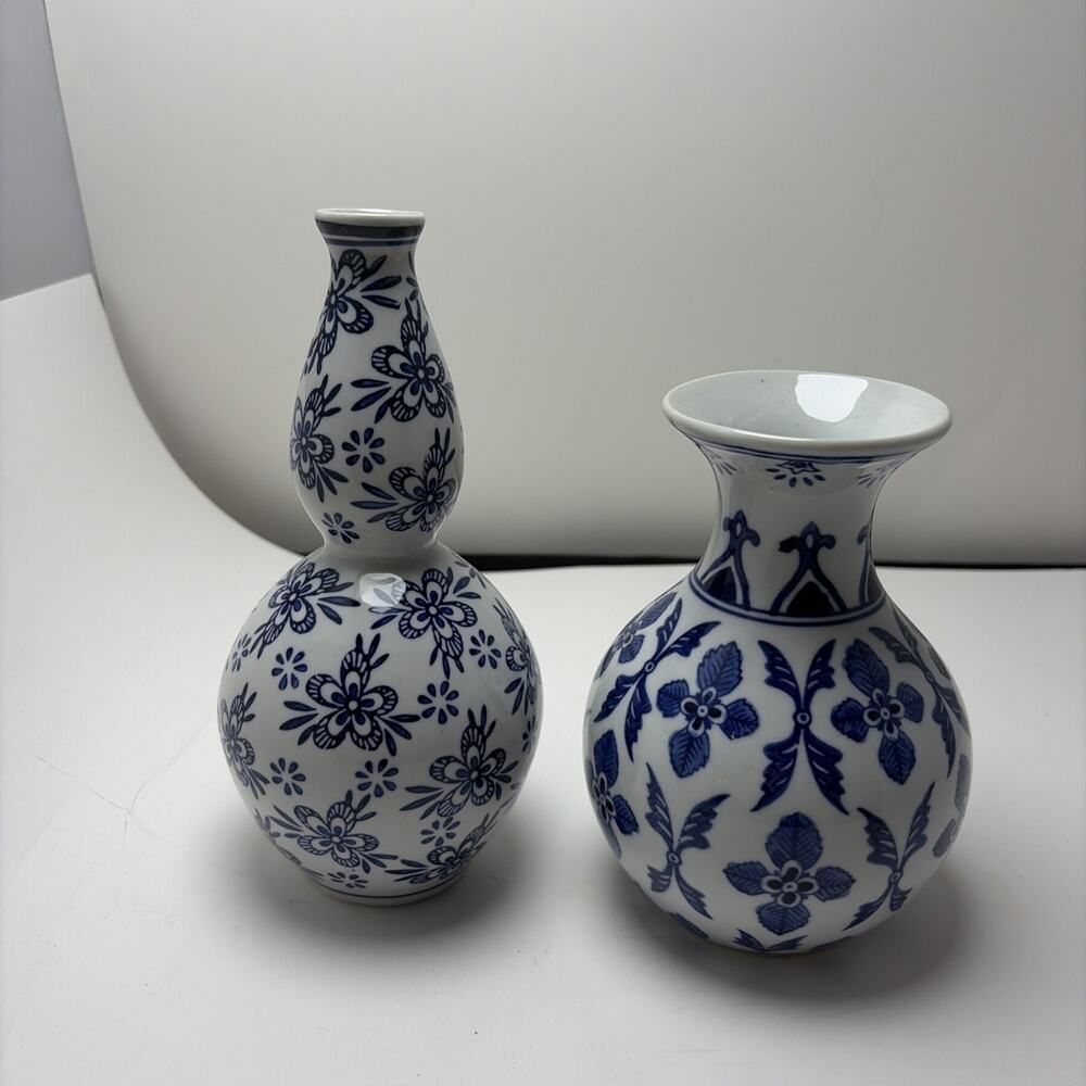 Pair Of Delft Style Blue White Bud Vase 6.5 + 8.5” Hand Painted Floral Vase